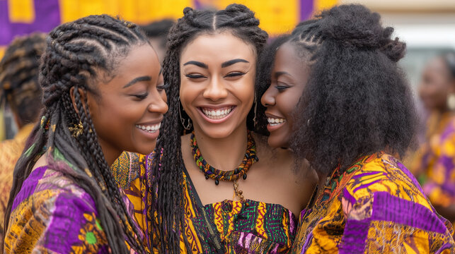 Panafest, Three African Women Smiling Together in Traditional Dress Celebrating Sisterhood and Pan-African Identity at Panafest Festival