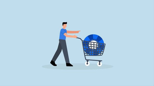 Buy blue chip stock with high expected return, 4k animation of Entrepreneur investor purchasing top tier stocks in shopping cart