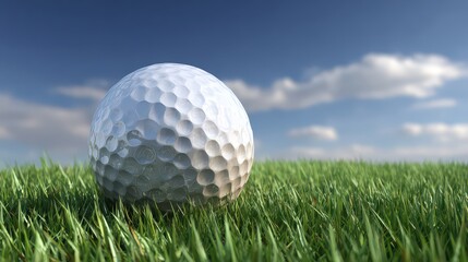 Close up of White Golf Ball on Green Grass under Blue Sky with Clouds Bright Sunny Day Low Angle Shot
