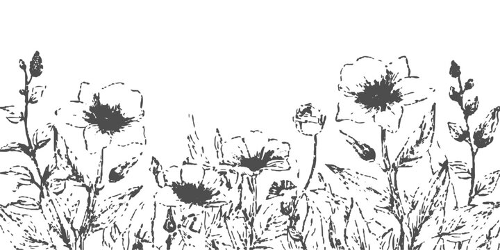 Vintage black floral vector illustration featuring a grunge leaf texture and seamless grass silhouette border for a nature-inspired wallpaper design