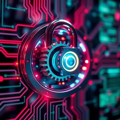 Abstract representation of a complex lock mechanism with interlocking gears and a glowing digital interface,  puzzle,  mechanical