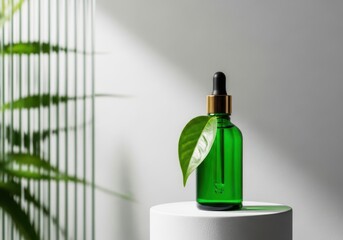 Green glass bottle with dropper on white pedestal with leaf decoration