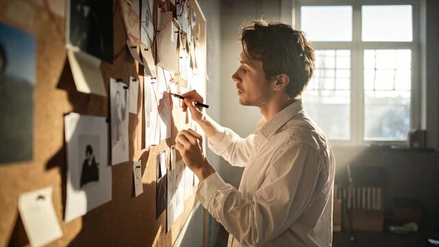A man in a white shirt studies a corkboard filled with clues, bathed in sunlight