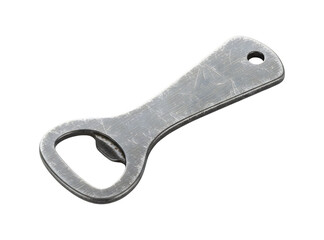 Png a metal bottle opener with a hole at one end for hanging on a hook or nail on a transparent background