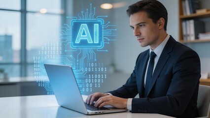 Man in suit working on laptop with AI graphic