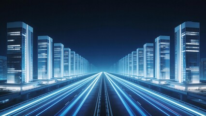 Fototapeta premium Futuristic cityscape with illuminated buildings and light trails