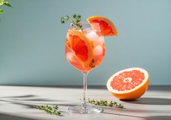 A refreshing glass of grapefruit spritzer with ice and herbs on a table