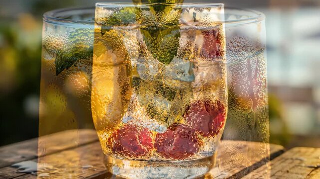 Refreshing Summer Cocktail with Mint and Berries on a Wooden Table.