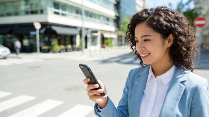 Woman in suit using phone on city street
