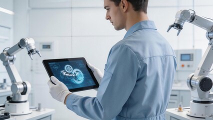 Engineer working with robotic arms and tablet