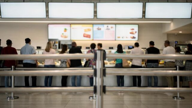 Medium shot of a cafeteria featuring singleline queue guided by sleek rails and overhead signs with a blurred background of waiting customers and bright menu boards.