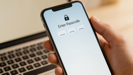Hand holding smartphone with passcode screen