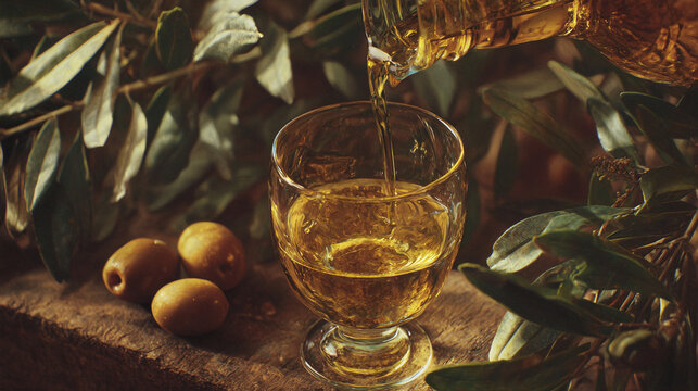 Pouring fresh, golden olive oil into a glass, with olives in the background, showcasing culinary delight.