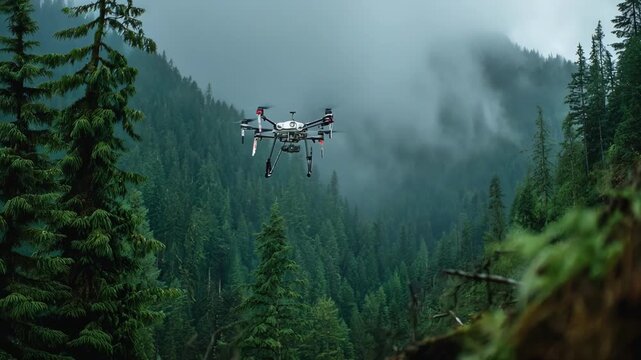 Medium shot showing a drone deploying specialized sensors in a dense forested mountain area aiding rescue teams in finding lost hikers efficiently.