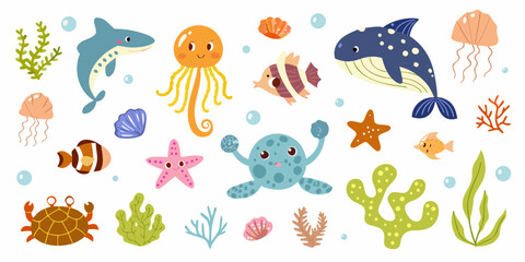 Colorful cartoon illustration of various marine animals and ocean elements