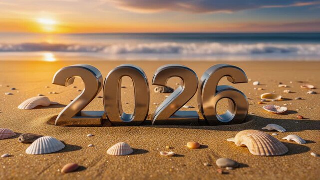 2026 New Year on a sandy beach with seashells and beautiful ocean sunset background