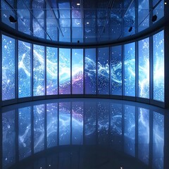 Fototapeta premium Curved windows reflect galaxy art, filling the room with celestial wonder