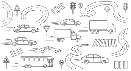 Road Traffic Elements - Cars, Trucks, Bus, and Road Signs. © Dika