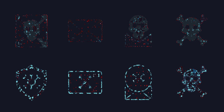 Glitch effect icons of skulls tombs and warning signs in a digital corrupted style