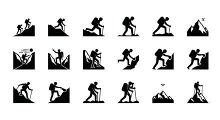 Obraz premium Minimalist black silhouette icon collection featuring twelve distinct human poses inspired by mountain hiking and climbing. The set avoids common heroic clichés and focuses on realistic movement