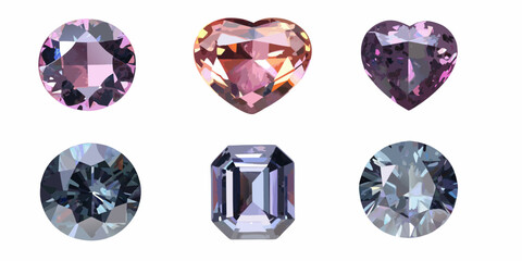 Six faceted gemstones in various shapes and colors including purple pink and blue hues displayed against white