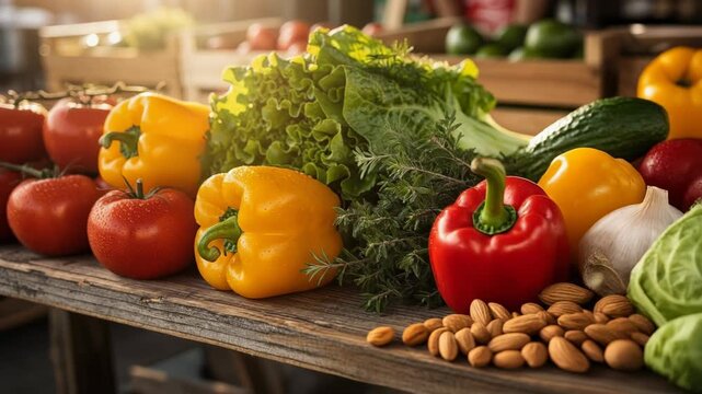 Fresh colorful vegetables and nuts on rustic wooden table with natural sunlight