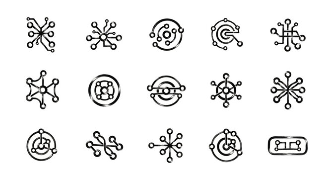 Set of hand drawn technology circuit board icons and network symbols.