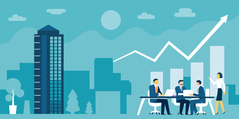 Business growth illustration cityscape meeting and upward trend symbolizing success and progress