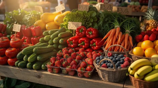 Fresh organic fruits and vegetables at farmers market with colorful healthy produce for sale
