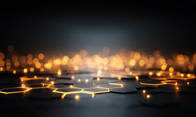 Abstract Honeycomb Pattern With Glowing Edges On Dark Background With Bokeh Lights For Technology Or Science Concepts