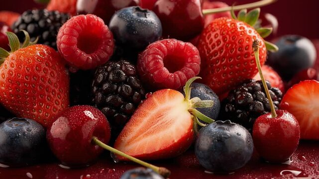 Fresh mixed berries with strawberries raspberries blueberries blackberries and cherries close up with water droplets