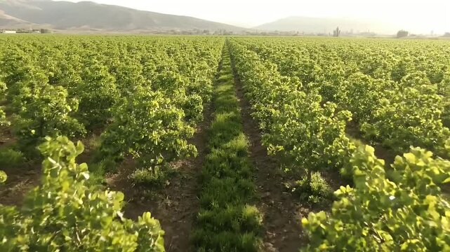 Expansive Green Vineyard Rows Under Warm Golden Sunlight With Distant Rolling Hills Under A Bright Sky
