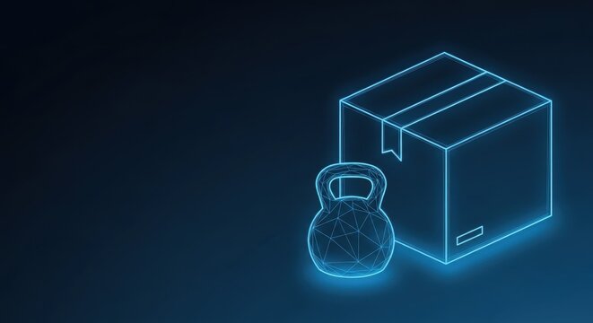 Kettlebell and Package Icon with Neon Glow, Representing Shipping Weight and Fitness Logistics