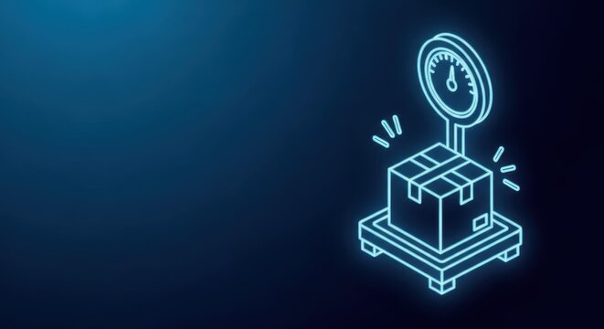 Neon illuminated package being weighed on a digital scale, representing logistics and shipping services