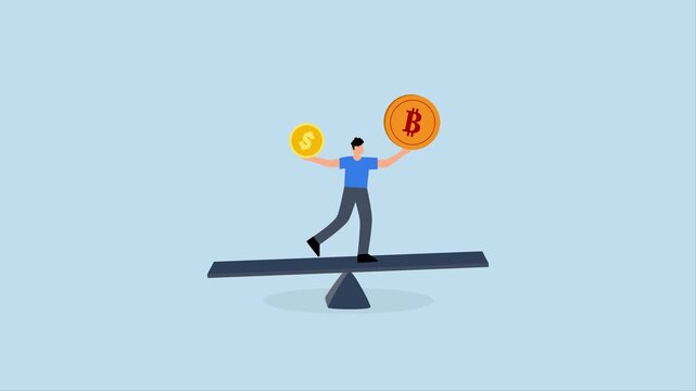 Investment portfolio with Bitcoin, 4k animation of Businessman diversifies investment portfolio with a mix of US dollar and bitcoin