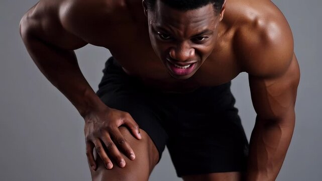 Muscular Black man holding knee in pain, showing sports injury or muscle strain against grey background. Health and fitness concept.
