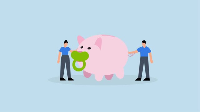 Child care expense planning, 4k animation of Intelligent parents, a fresh couple with a baby, use a piggybank and a teether as a symbol of teaching their children about saving money