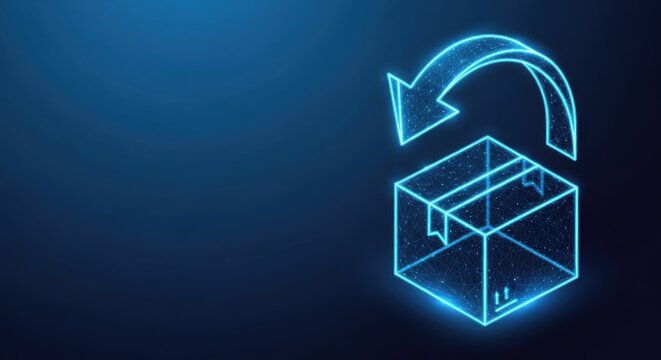 Neon package delivery return arrow glowing on a dark blue background representing logistics and commerce