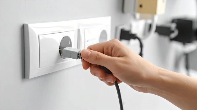 A hand plugs a USB cable into an electrical outlet. Other sockets are visible