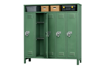 Green metal school lockers with an open door and storage boxes on top, presenting organization and security concept
