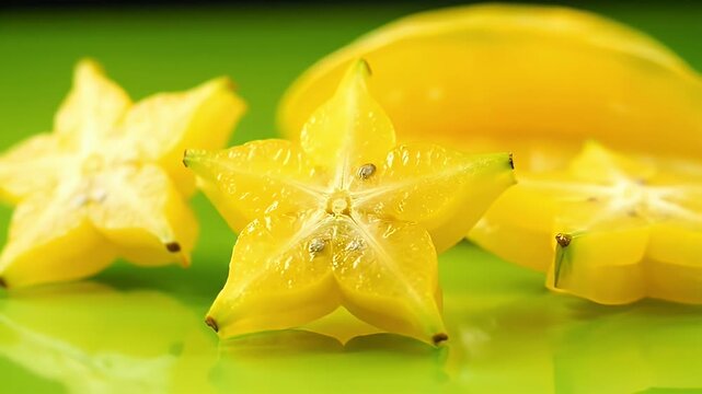 Fresh Star Fruit Slices and Whole Fruit on a Reflective Green Surface with Soft Lighting