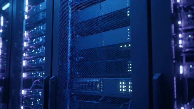 Futuristic Data Center Rows With Blue and Purple Lights Glowing In The Dark