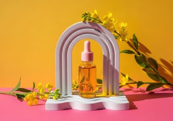 A bottle of oil with a pink dropper lid sits on a white arch on a pink surface with yellow flowers and green leaves on a yellow background