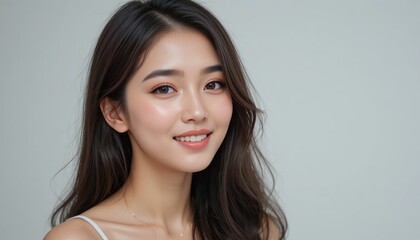 Fototapeta premium Portrait of a young asian woman with a friendly smile on a gray background