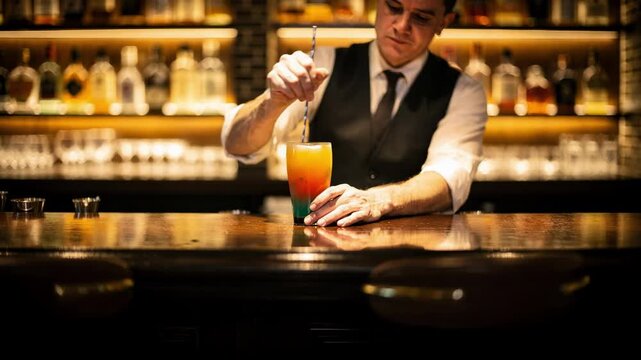 Bartender swiftly shaking a vibrant cocktail behind a polished bar counter with blurred stools and softly glowing shelves in the background.
