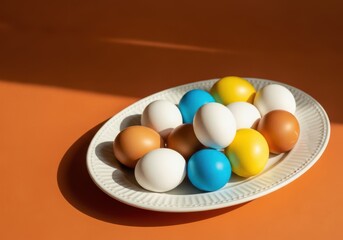Colorful candy balls on a white plate against a vibrant orange background with shadows