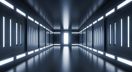 Obraz premium Futuristic corridor with sleek metallic walls and ceiling lights