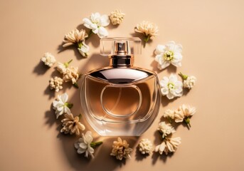 Elegant perfume bottle surrounded by delicate white flowers on beige background