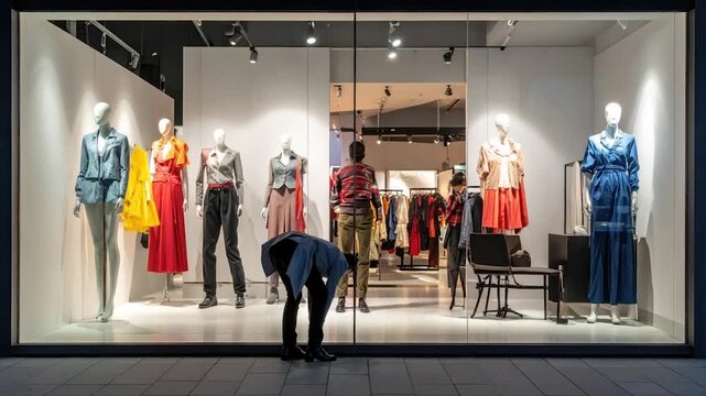 Shop window display showcasing mannequins wearing diverse outfits, with reflections