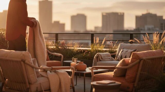 Warm sunset light over a modern rooftop patio lounge with chairs, blankets, and candle decor, overlooking an urban skyline. Relaxing lifestyle and hospitality atmosphere.